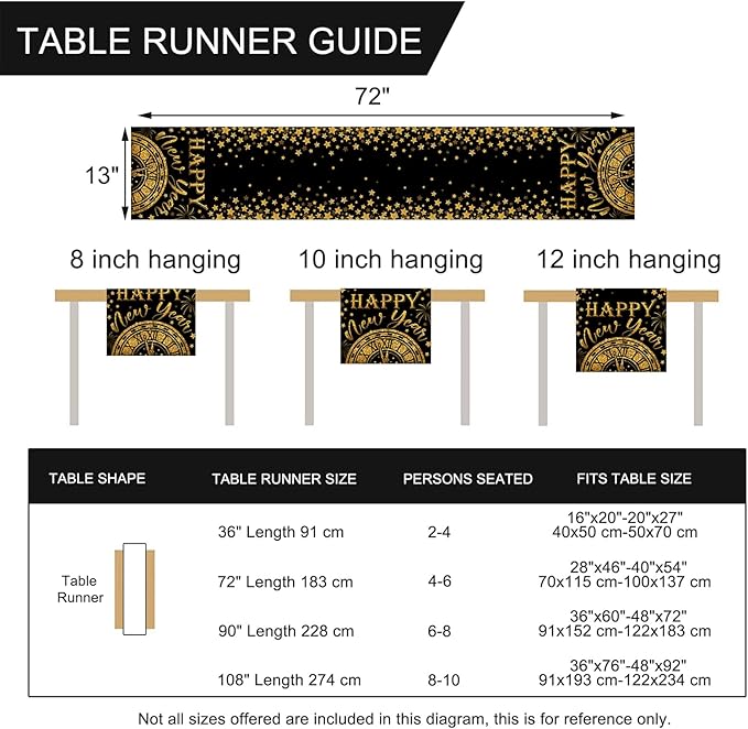 Seliem Happy New Year 2026 Table Runner, Black Gold Stars Clock Celebration Kitchen Dining Table Decor, Golden Fireworks Christmas Winter Home Decoration Indoor Outdoor Party Supply 13 x 72 Inches