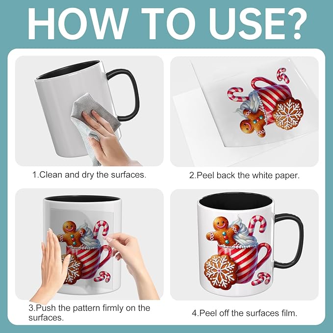 UV DTF Stickers - 12 Sheets Christmas Gingerbread UV DTF Cup Wrap for Coffee Mugs Glass, DIY Decals for Tumblers, Waterproof Rub on Transfers for Crafts