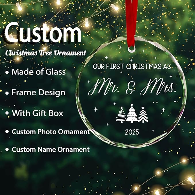 Personalized Round First Christmas Crystal Glass Ornaments Custom 2025 Name Ornament for Christmas Tree Decor Customized Xmas Tree Hanging Gifts for Family Wife Husband