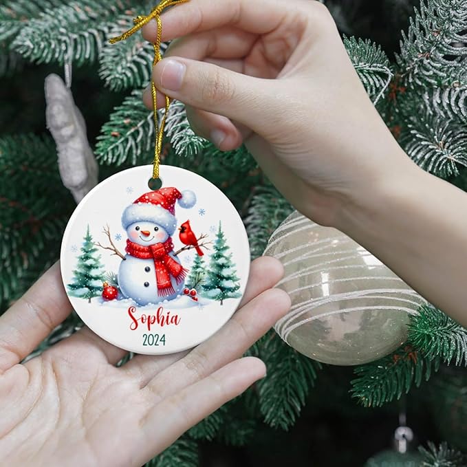Personalized Snowman Christmas Ornament, Custom Name & Year, Snowman with Red Cardinal, Keepsakes Gifts for Family, Kids, Occasion: Christmas