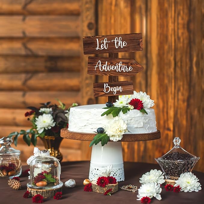 Let the Adventure Begin Cake Topper in Wood Rustic Cake Decoration for Wedding & Baby Shower