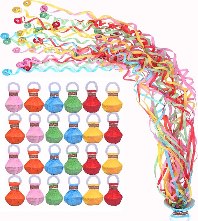 24Pack Hand Thrown Streamer Poppers Colorful, Confetti Streamers No Mess Party Poppers, Streamers for Weddings Birthdays Events, Quiet Easy Cleanup (Colorful, 24Pack)