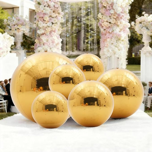 6PCS Gold Inflatable Mirror Ball,Big Shiny Balls Inflatable,Reusable PVC Mirror Balls,Large Hanging Balloon Disco Ball with Air Pump for Wedding Event Birthday Party Decor