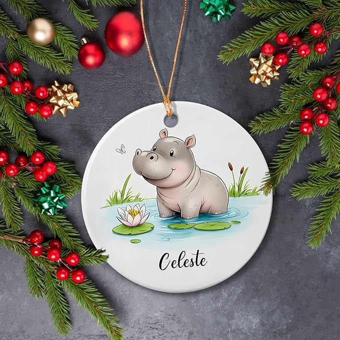 Baby Hippo with Nature Ornament, Hippo Christmas Keepsake with Customized Name, Cute Hippopotamus Ceramic Decoration, Gift for Family Friends Him Her Animal Lovers, Personalized Wild Animal Ornament