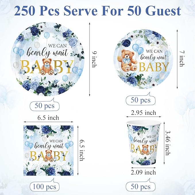 250 Pcs We Can Bearly Wait Baby Shower Party Decorations Blue Paper Plates Napkins and Cups Bear Boy Party Tableware Set for Spring Baby Shower Gender Reveal Supplies, Serves 50