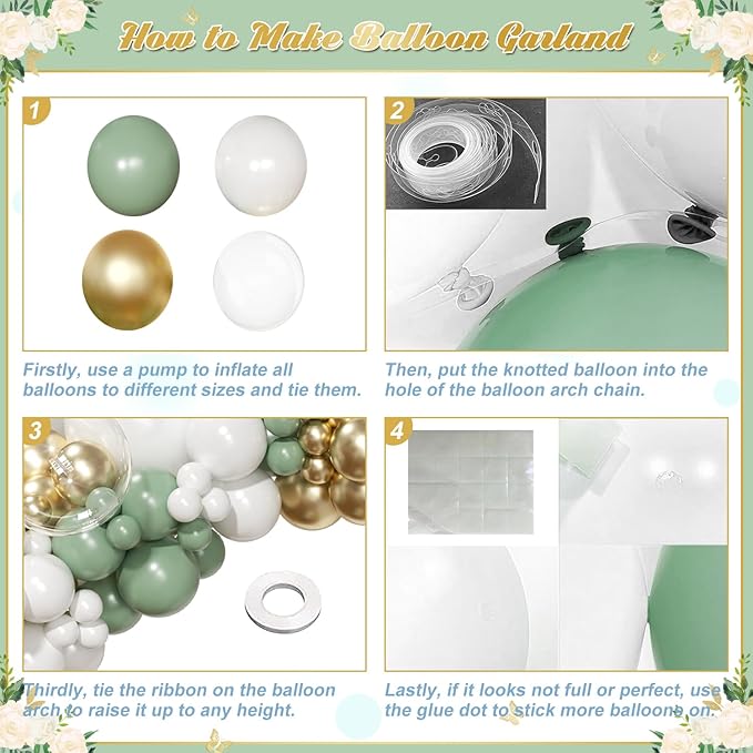 Sage Green Balloon Arch Kit 126 Pcs Neutral Green and White Metallic Gold Balloon Arch Garland Kit for Wedding Birthday Baby Shower Gender Reveal Bridal Decorations