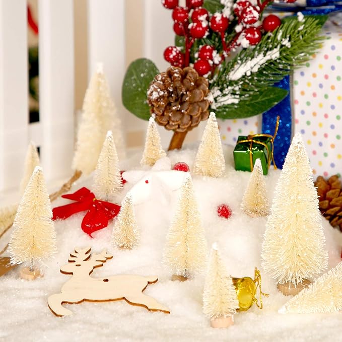 SATINIOR 60 Pieces Artificial Mini Christmas Tree Sisal Snow Trees Bottle Brush Christmas Trees Pine Trees Ornaments with Wooden Base for Christmas Party Home Decoration (4 Sizes, White)