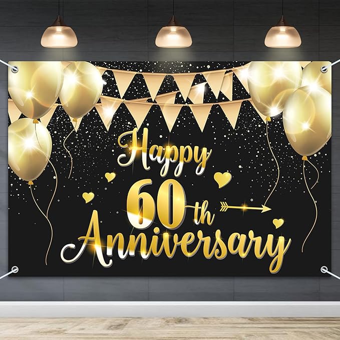 HAMIGAR 6x4ft Happy 60th Anniversary Banner Backdrop - 60 Wedding Anniversary Decorations Party Supplies - Black Gold