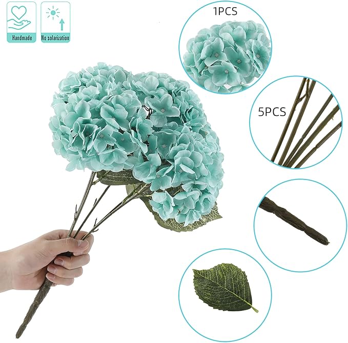 Kimura's Cabin Fake Flowers 2 Pcs Vintage Artificial Silk Hydrangea Flowers Bouquets 5 Heads for Home Table Centerpieces Wedding Party Decoration (Tiffany, Pack of 2)