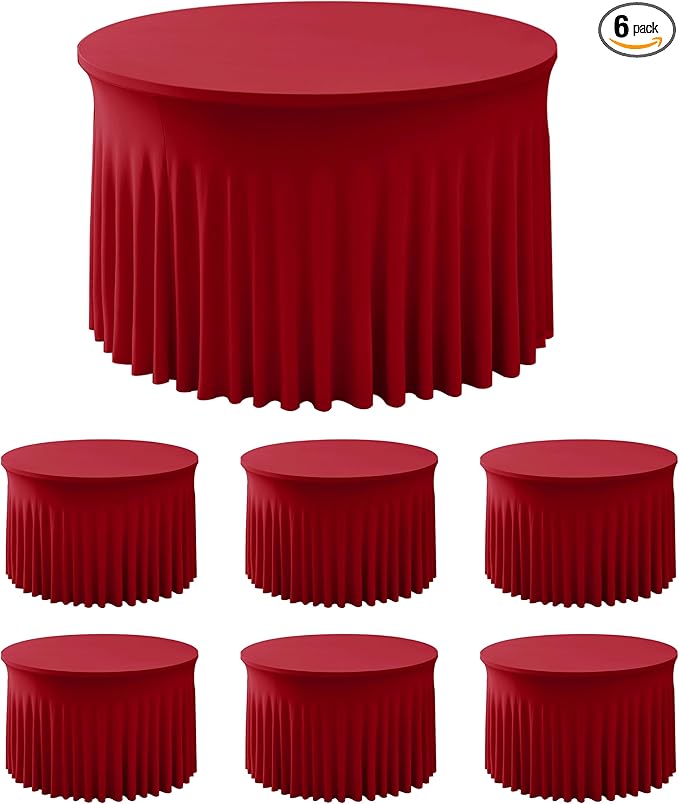 HolidayIdeas 6 Pack Red Spandex Table Skirt for 60 Inch Round Table, Fitted Stretch Covers for Christmas Receptions, Holiday Galas