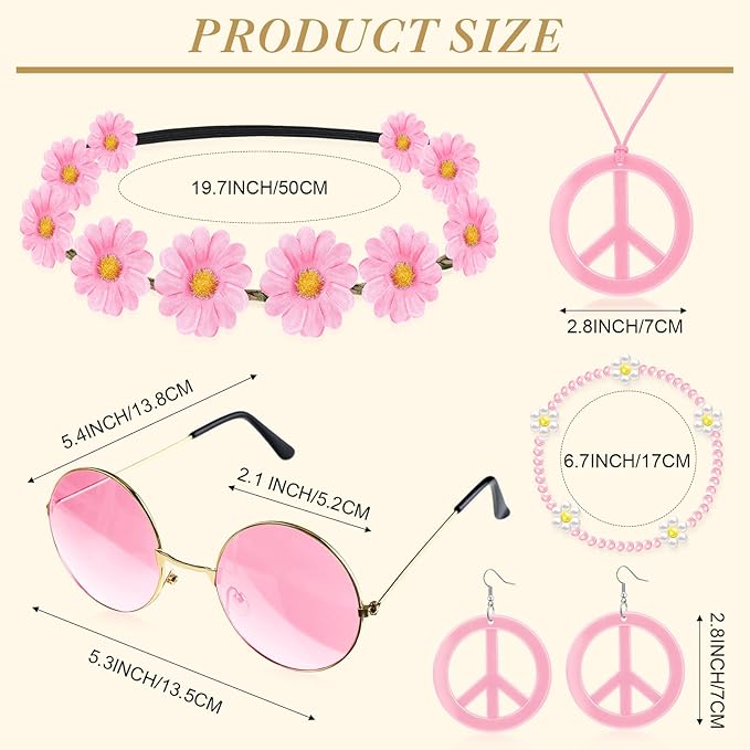 Batiyeer 6 Pcs Hippie Costume Accessories Set, Boho Peace Sign Daisy Flower 60s 70s Party Favors Decor for Groovy Party Women(Pink)