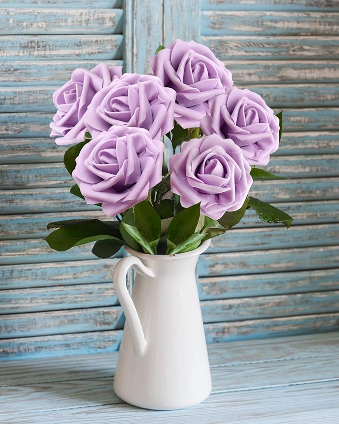 Artificial Flowers Realistic Roses, 50pcs Real Looking Fake Roses with Stem for DIY Wedding Bouquets Centerpieces Bridal Shower Party Home Romantic Decorations (Regular 3" - 50pcs, Light Purple)