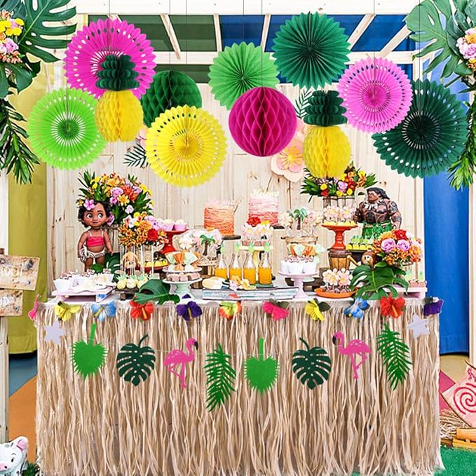 Hawaiian Party Decorations, Tropical Birthday Party Supplies Flamingo and Palm Leaves Banner Tissue Paper Fan Pineapple Honeycomb Ball for Summer Luau Bachelorette Party