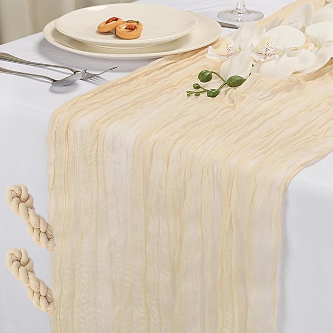 NESCCI 2 PCS Beige Table Runner,Rustic Boho Cheesecloth Table Runner,35x120 Inches Beige Runners for Tables, Pefect for Mothers Day Wedding Baby Shower Birthday Party Home Decorations