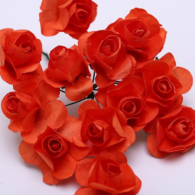 144pcs Mulberry Paper Mini Roses Artificial Flowers Heads with Stems for DIY Crafts Accessories Make Bridal Hair Clips Headbands Dress Wedding Bridal Bouquets Party Home Decor Valentine's (Orange)