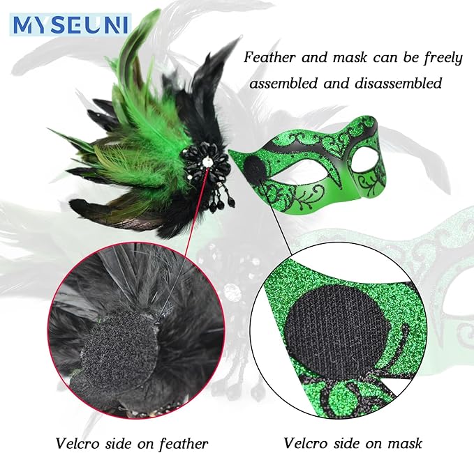 2025 New Masquerade Mask with Feather for Couples - Women's Masquerade Mask with Feather & Men Venetian Costume Mask