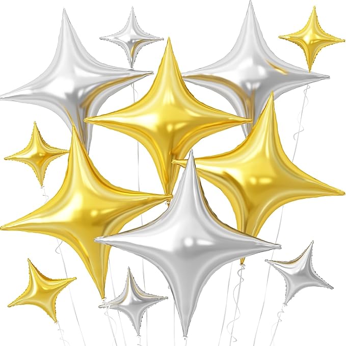 Gold Silver Star Balloons,12Pcs Four Angle Star Foil Balloons,26Inch and 10Inch Gold Silver Quadrangle Helium Balloon for Birthday Anniversary Baby Shower Wedding Party Decorations