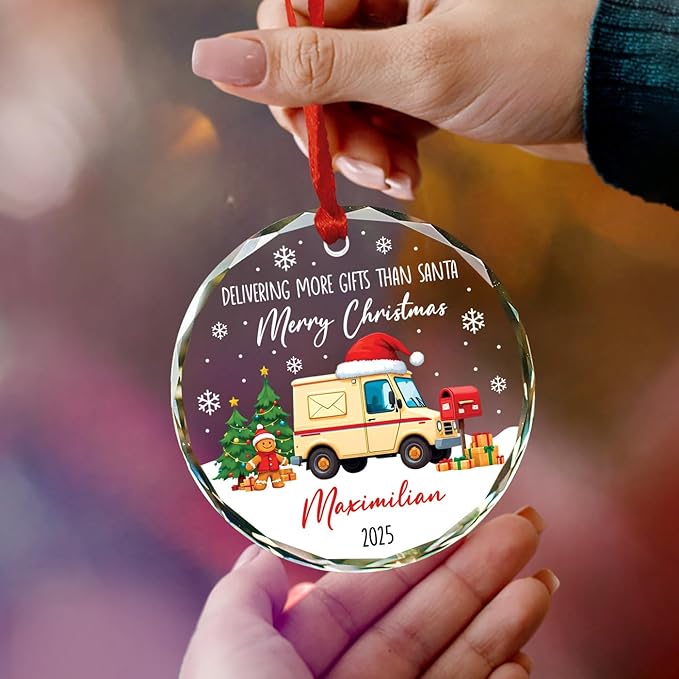 2025 Personalized Mail Carrier Christmas Glass Ornament, Delivering More Gifts Than Santa Merry Christmas Ornament Gift for Postal Worker, Custom Name & Year Mailman Ornaments Xmas Tree Decor