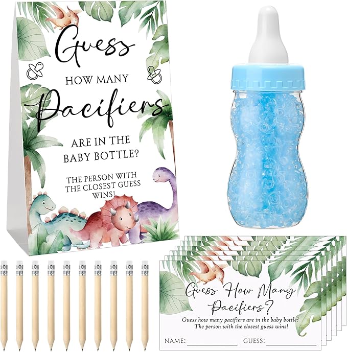 Roowest 512 Pcs Baby Shower Games Guess How Many Pacifiers Sign 100 Small Guessing Games 10 HB Pencils 750ml Milk Bottle 400 Acrylic Pacifiers Decoration for Guest Gender Reveal(Cute,Dinosaur)