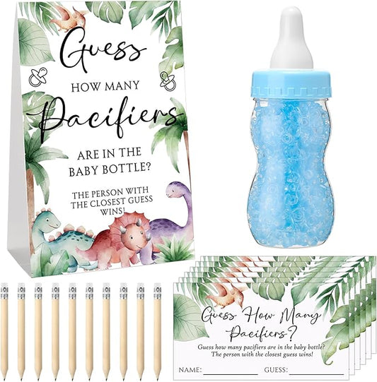 Roowest 512 Pcs Baby Shower Games Guess How Many Pacifiers Sign 100 Small Guessing Games 10 HB Pencils 750ml Milk Bottle 400 Acrylic Pacifiers Decoration for Guest Gender Reveal(Cute,Dinosaur)