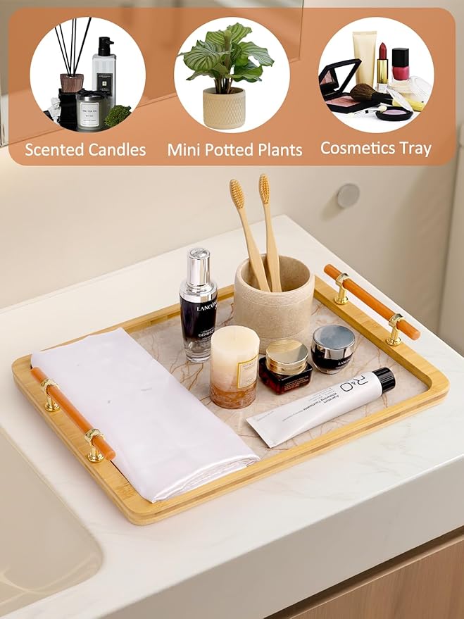 JUPELI 16" x 12" Bamboo Serving Tray with Handles – Marble Pattern Decorative Rectangle Tray for Coffee Table, Kitchen, Vanity, Bathroom, or Ottoman – Perfect for Bread Food Fruit Display & Storage