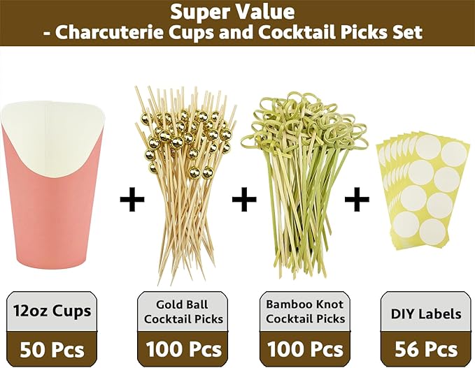 CAMKYDE 50 Charcuterie Cups + 200 Cocktail Picks + 56 Labels, 12 oz Disposable Charcuterie Cups with Sticks (2 Types), French Fry Cup Pink Paper Appetizer Cup for all Occasions (Pink)
