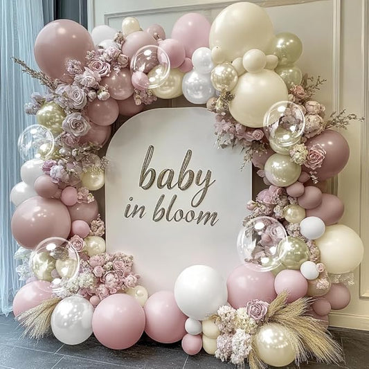 Dusty Pink White Beige Balloon Arch - Double Stuffed Pink Mauve Pearl White Nude Gold Balloon Garland Kit Boho Blush Cream Balloons for Baby in Bloom Baby Shower Bridal Wedding Birthday Party Decor
