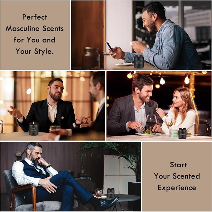 Winter Candle Gift Set for Men – 4 Pack Soy Candles with Balsam Cedar, Teak & Mahogany, Whiskey Tobacco, Rum & Oak – Masculine Scented Candles for Home, Christmas Gift Set for Dad Fathers Day
