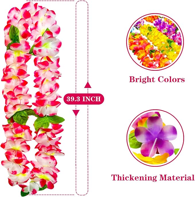 12 Counts Thickened Hawaiian Leis, Perfect Luau Party Supplies for Summer Beach Vacations, Essential Party Decorations for Birthday, Graduation, and Wedding Celebrations