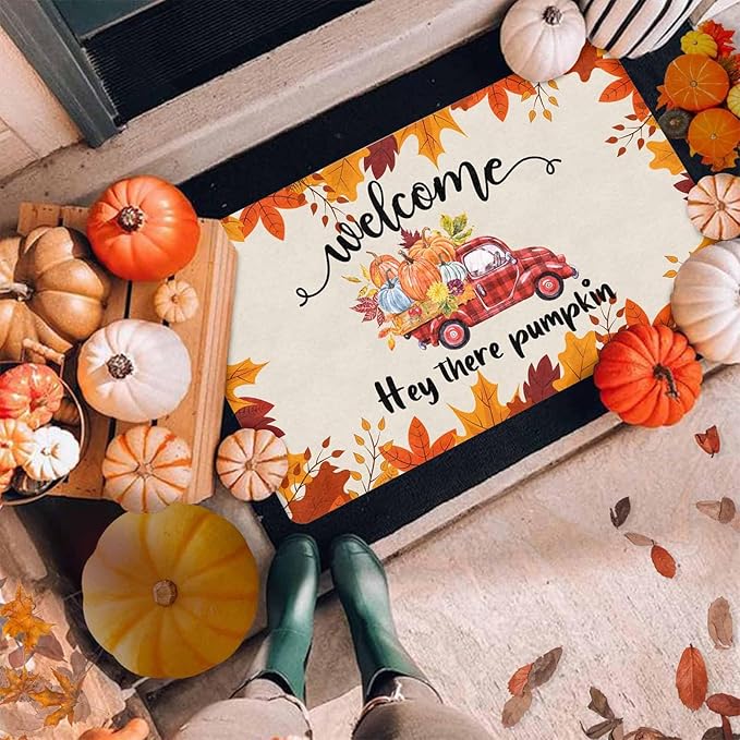 InterestPrint Happy-Thanksgiving Door Mat, Vintage Fall Truck Decor for Covered Outdoor Area Pumpkin Welcome Mat for Autumn Halloween Thanksgiving Farmhouse Decor, 24"x16"inch