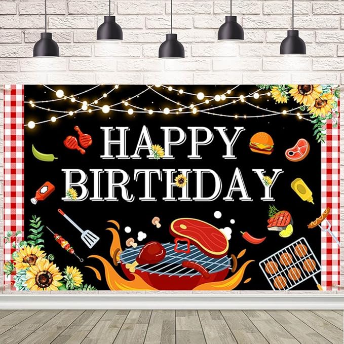 BBQ Birthday Party Decorations Large BBQ Happy Birthday Banner Red and White Gingham Picnic Banner Backdrop for BBQ Birthday Barbecue Party Supplies Yard Outdoor 7x5ft
