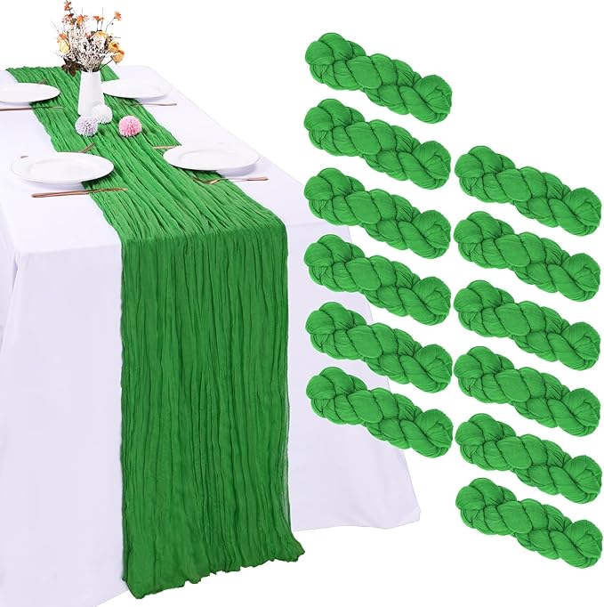 12 Pack Green Cheesecloth Table Runner 10FT Boho Gauze Fabric 35 x 120 Inch Rustic Sheer Runner for Christmas Centerpiece Wedding Decor Baby Shower Party Boho Table Decoration