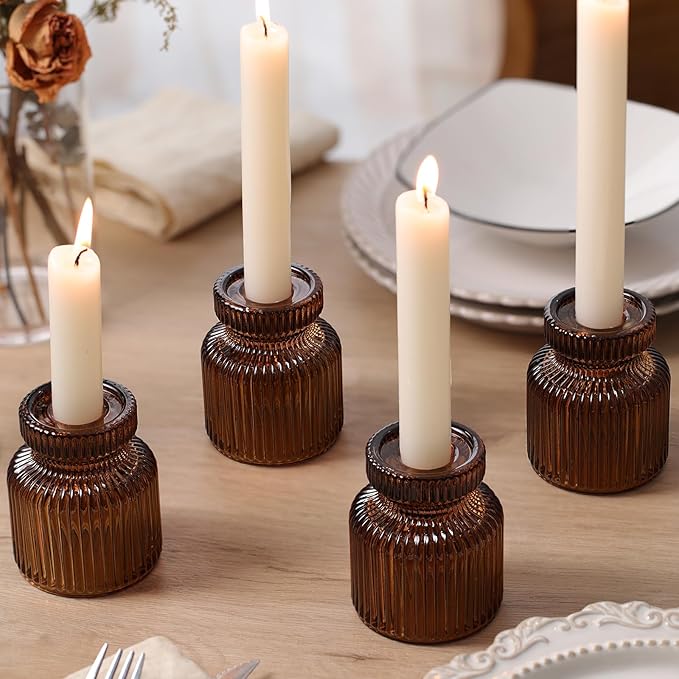 DARJEN 12 Pcs Glass Candlestick Holders- Amber Taper Candlestick Holders Tealight Votive Candle Holders for Table Centerpieces, Wedding, Dinner Party, Home Decor