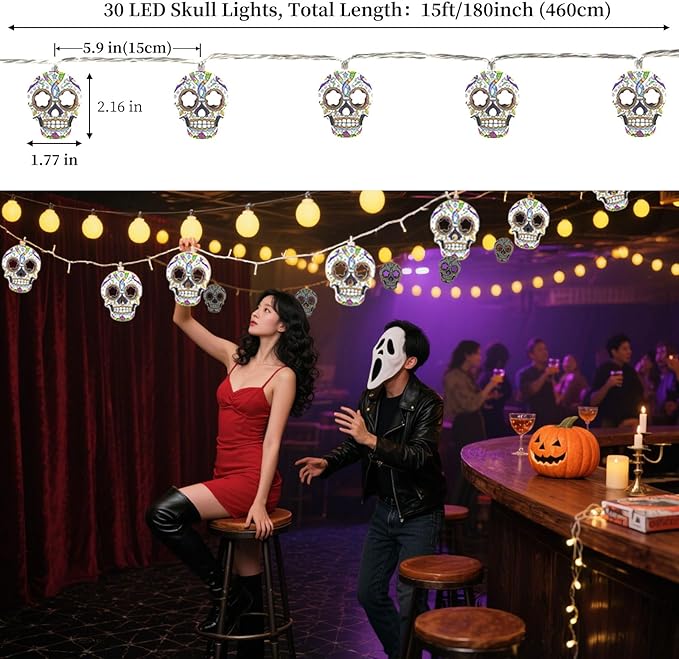 Halloween String Lights,15FT 30 LED Fairy Decor Lights USB & Battery Operated (Not Included) Cute Skull String Lights 2 Modes Waterproof Fall Light Decoration for 2025 Indoor Outdoor Home Party Garden