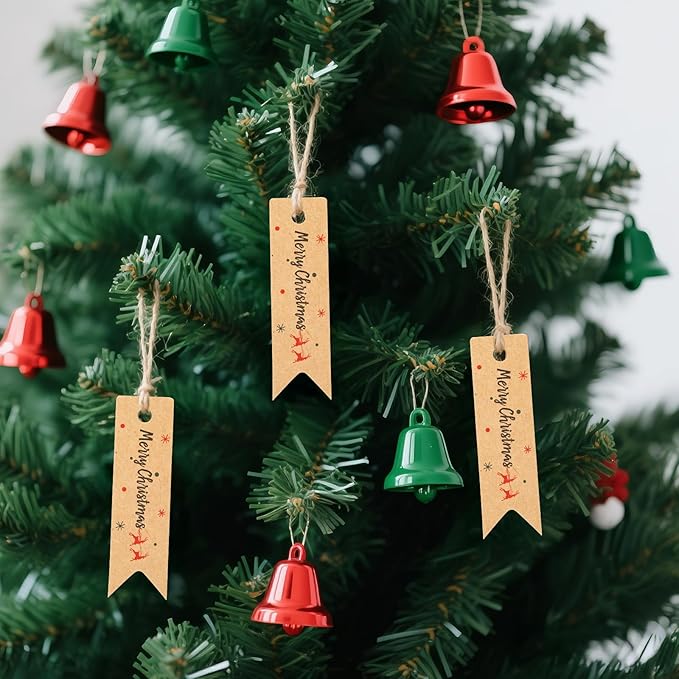 G2PLUS Small Merry Christmas Tags - 100Pcs Deer Kraft Paper Gift Tags with String for Gift Wrapping, Goodies Bags, Christmas Holiday Party Favors(2.8''x0.8'')