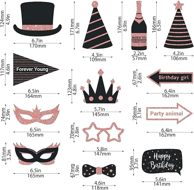 Party Birthday Photo Booth Props, 30Pcs Set of Happy Birthday Selfie Party Supplies with Real Glitter Cute Bday Designs for Women or Girls,Easy to Assemble(Rose Gold)