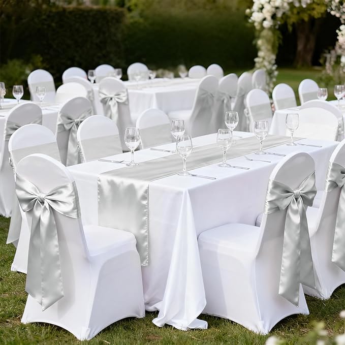 10 Pack Satin Table Runner Silver 12 x 108 Inch Long,Satin Silk Table Runner for Wedding,Birthday Party and Banquet(Silver,10 Pack)