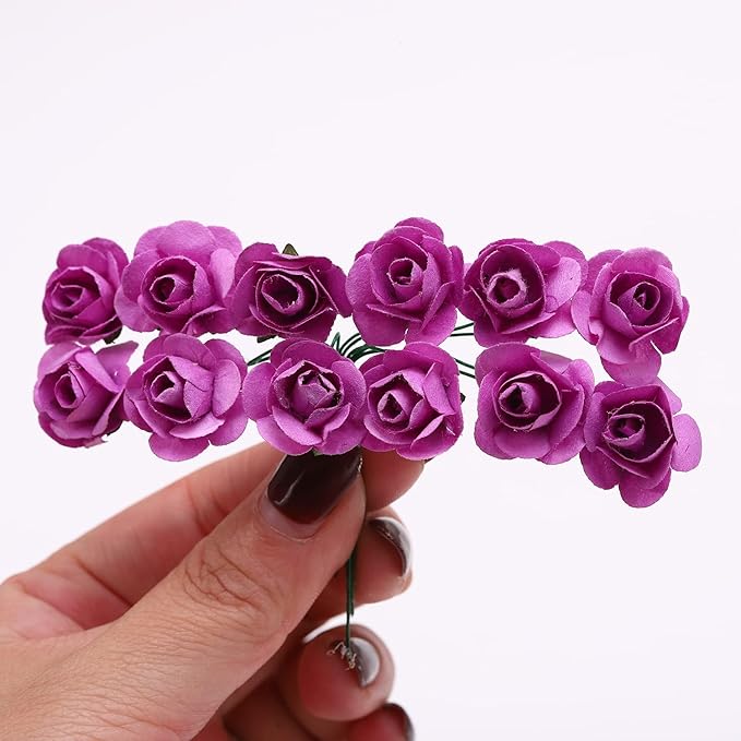 144pcs Mulberry Paper Mini Roses Artificial Flowers Heads with Stems for DIY Crafts Accessories Make Bridal Hair Clips Headbands Dress Wedding Bridal Bouquet Party Decor Valentine's (Light Purple)