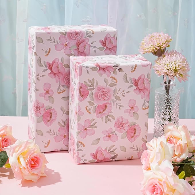 ZINTBIAL Pink Floral Wrapping Paper Roll - Watercolor peonies and leaves Design, 17 Inches x 16.5 Feet, Gift Wrap for Wedding, Bridal Shower, Birthday, Mother's Day, Cut Lines on Back