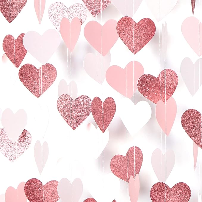 Rose-Gold Pink Party-Decorations Heart Garland Streamers - 52Ft Bachelorette Engagement Hanging Paper Banner,Valentines Day Bridal Shower Wedding Birthday Party Bunting Lasting Surprise