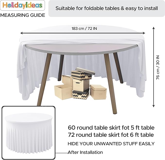 HolidayIdeas White Spandex 72in Round Table Cloths for Wedding, 6ft Fitted Stretch Table Skirts 132 Inch, Wrinkle-Free Ruffle Design Tablecloths for Banquets,Trade Shows, Parties, Events, 4 Pack