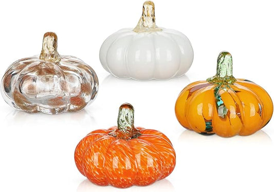 Glass Pumpkin Fall Decor Set – 4 PCS Handblown Pumpkins for Autumn Decorations, Halloween, Thanksgiving, Harvest Table Centerpiece, Mantel Fall Accents