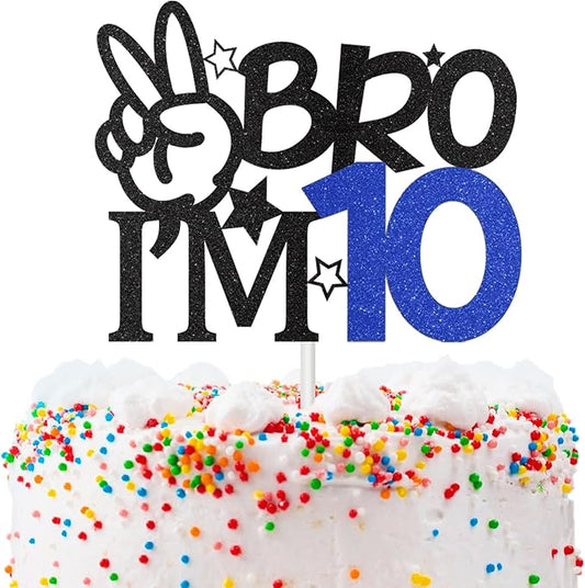 Bro I'm 10 Cake Topper, 10th Birthday Decorations for Boy, Glitter Funny 10th Birthday Cake Topper, Big Brother 10 Year Old Birthday Party Decoration Supplies