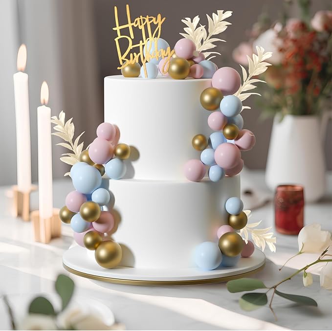 MIAHART Ball Cake Toppers Boho Grass Cake Topper Ball Cake Insert Decoration for Birthday Wedding Baby Shower Party Decorations Boho Themed Party Supplies (light blue，gold，light pink)