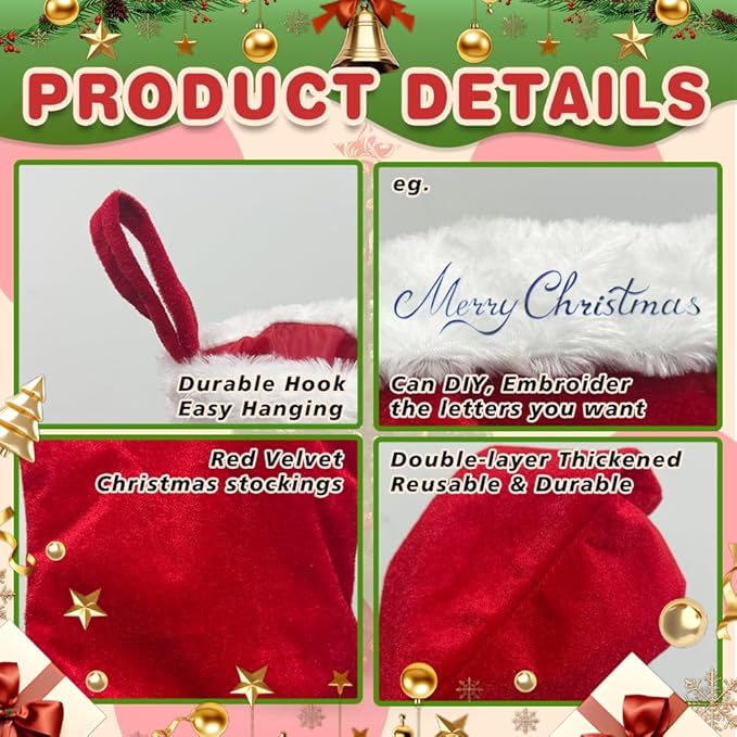 6 Pieces Large Christmas Stockings 20Inch Traditional Soft Classic Red Plush Xmas Stocking for Family Holiday Decorations Xmas Tree Fireplace Mantel Décor Merry Christmas(Red-Velvet-Large)
