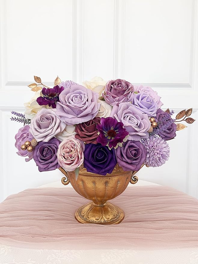 Roses Artificial Flowers Purple Fake Flower with Stems Bulk for DIY Wedding Bouquets Bridal Baby Shower Centerpiece Table Decorations Silk Faux Floral Arrangements for Party Home Decor Indoor