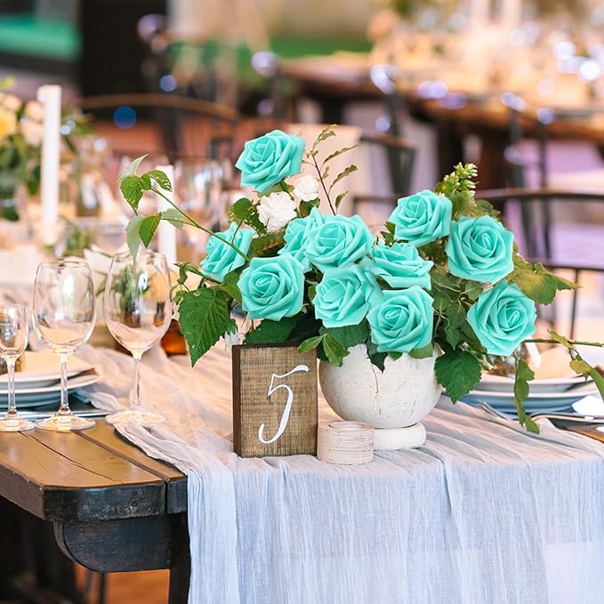 JOYLEX Artificial Flowers Realistic Roses, Real Looking Fake Roses with Stem for DIY Wedding Bouquets Centerpieces Bridal Shower Party Home Romantic Decorations (Turquoise, 100pcs)