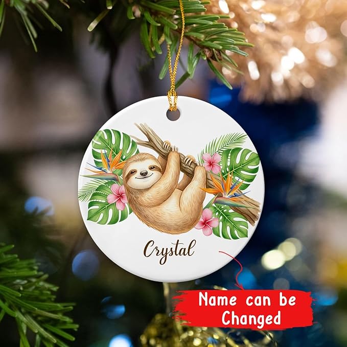 Personalized Sloth Lover Ceramic Ornament, Christmas Sloth Animal Keepsake, Animal Decor Gift for Boys Girls Sloths Lovers, Customized Name Wildlife Ornament, Sloths Hanging Xmas Tree Decoration