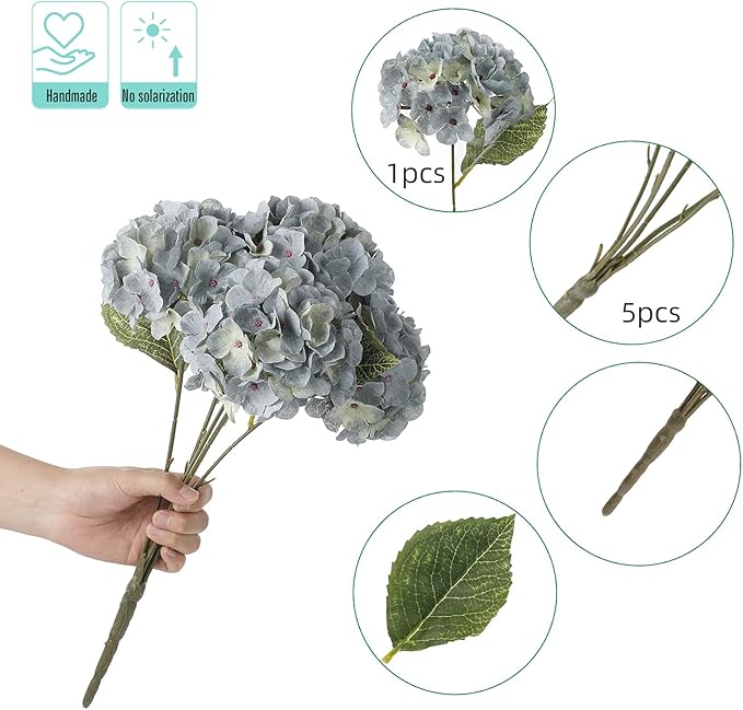 Kimura's Cabin 2Bouquets Fake Flowers Silk Hydrangea Artificial Flowers Bouquets 10Heads for Indoor Home Table Centerpieces Wedding Party Decoration (Lake Blue, Pack of 2)