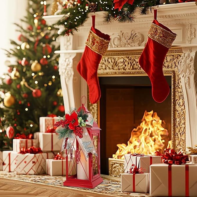 DECORKEY Christmas Decorations, 18” Metal Christmas Lantern with LED Candle and Floral Accents for Home Decor, Decorative Hanging Candle Holder Indoor Outdoor for Table Centerpieces, Porch, Patio